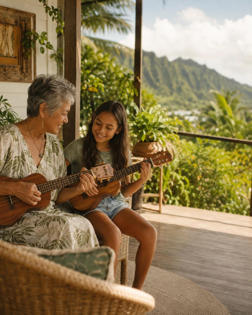 ʻukulele teacher giving a lesson on a Kalihi lanai