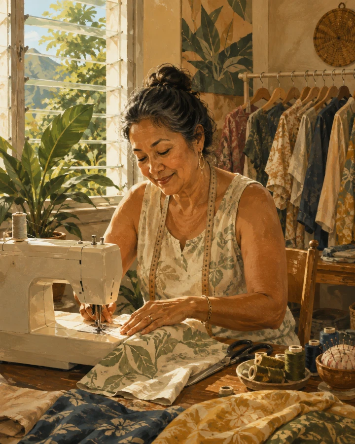 Seamstress working at a sewing machine in Waimānalo