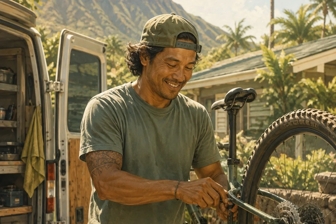 A bike mechanic fitting a wheel