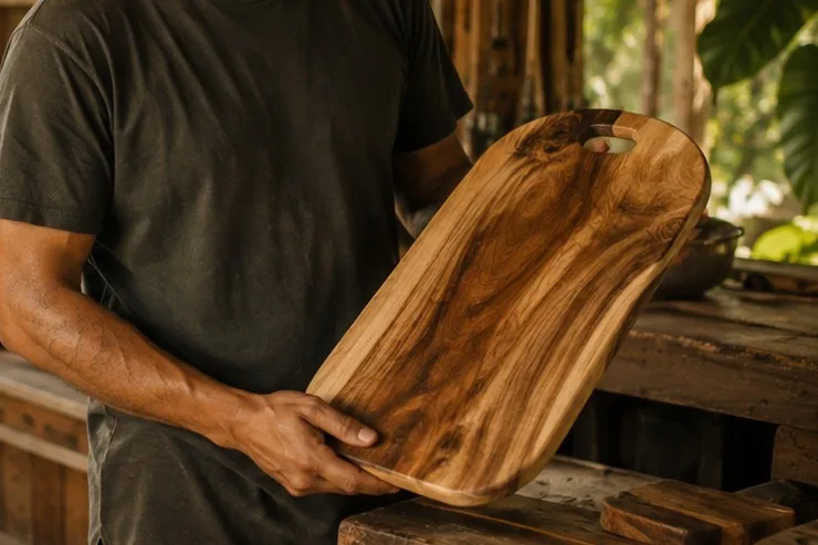 A woodworker holding a finished wooden board