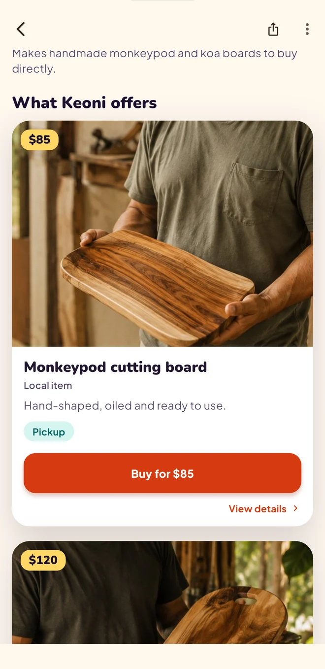 The Localsville app: a Monkeypod cutting board for $85 with pickup, and a Buy for $85 button