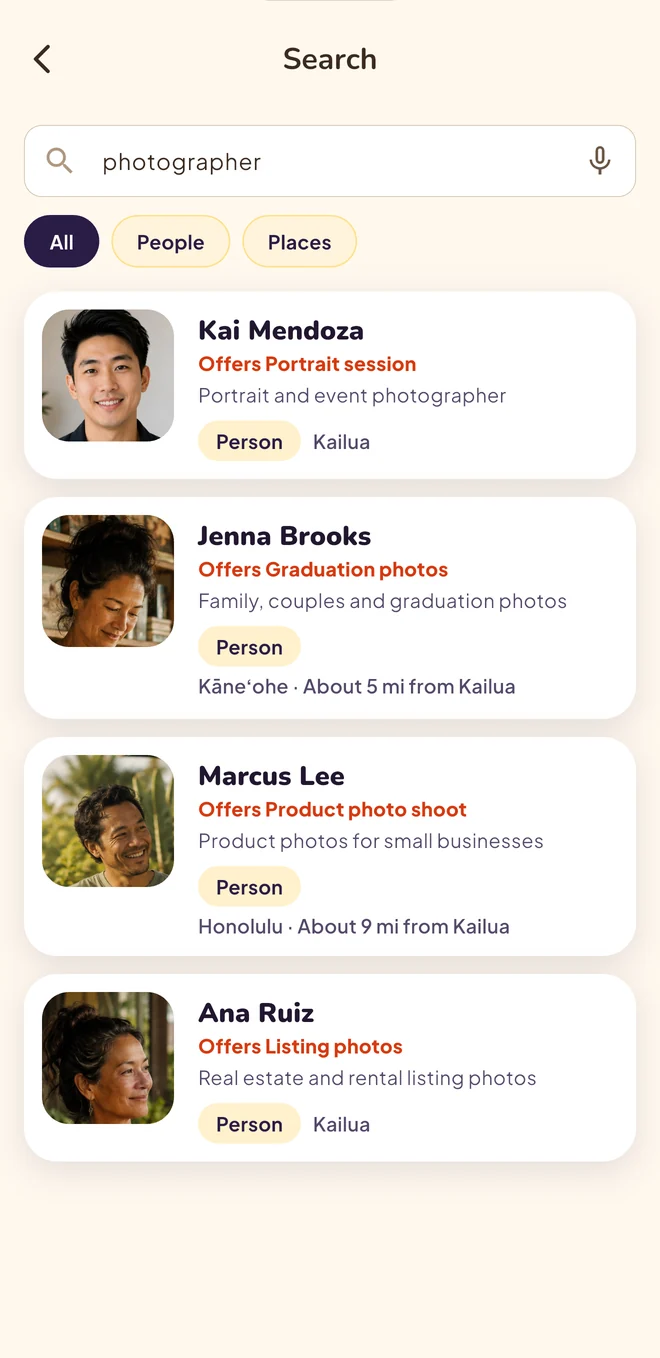 The Localsville app: search results showing people nearby