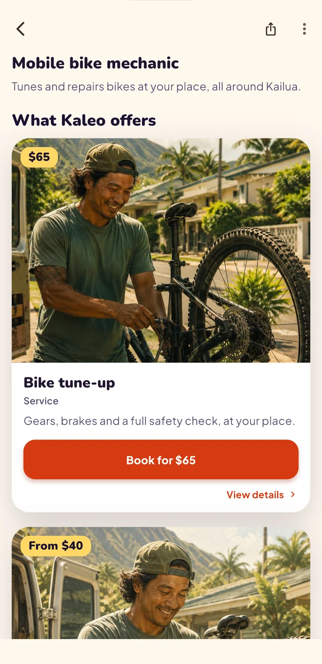 The Localsville app: a profile offering a Bike tune-up for $65